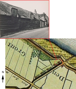 Plangebied Vissersdijk op een kaart uit 1673 waarop al bebouwing staat aangegeven. Daarboven de oorspronkelijke 17e -eeuwse boerderij in 1955-1964