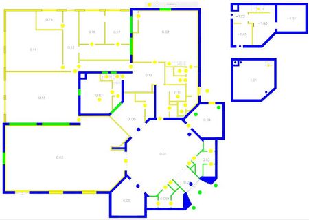 De waarderingsplattegrond waarop in blauw de onderdelen met zeer hoge monumentwaarde, in groen met positieve monumentwaarde en in geel de bouwonderdelen zonder monumentwaarde 